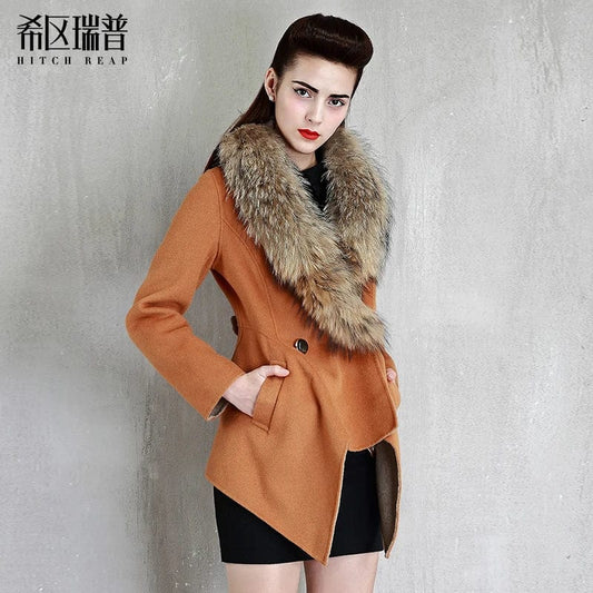 High End Super Large Wool Collar Double Face Wool Cashmere Coat Short Woolen Coat