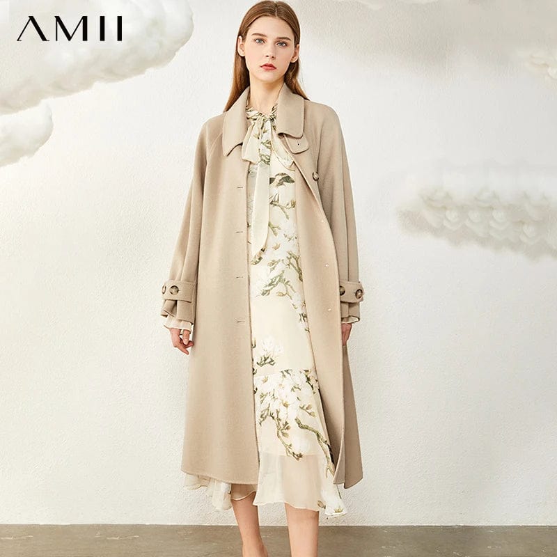 Amii Minimalism Winter Women Coats Fashion Jacket 100%wool Solid Lapel Single-breasted Belt Double-sided Woolen Coat  12030360