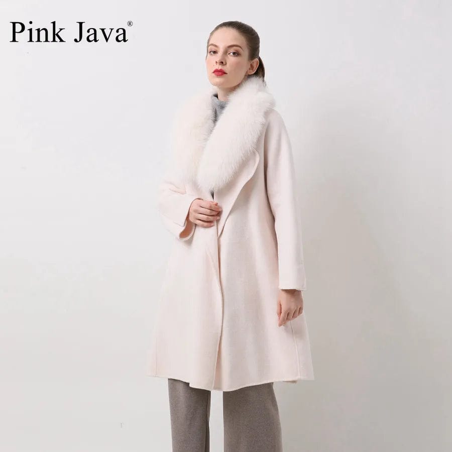Pink Java QC20069  New Arrival Hot Sale Women Winter Wool Coat With Cashmere Coat Real Fox Fur Collar