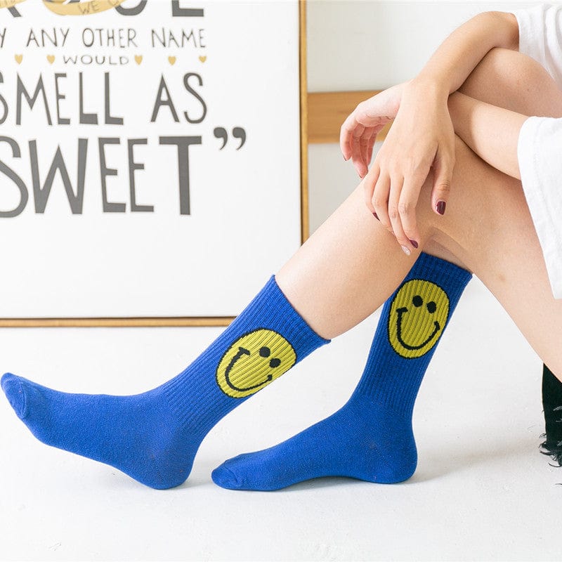 Mid-tube socks women's spring and summer new thin section women's socks candy-colored cartoon smiling face piles of socks Japanese personalized cotton socks tide