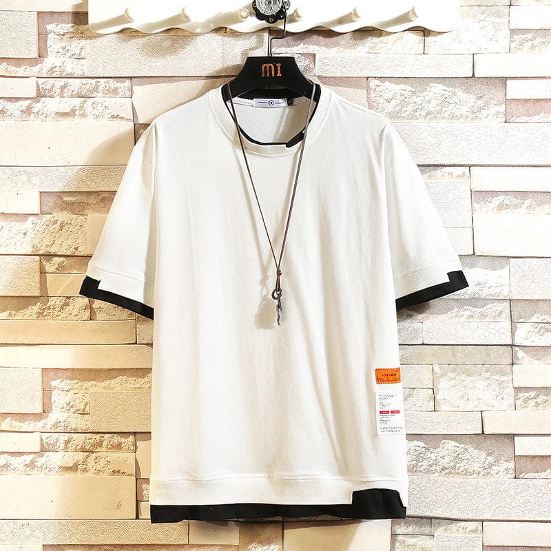 2021 summer short-sleeved Japanese loose large size round neck print T-shirt men stitching two student casual T-shirts