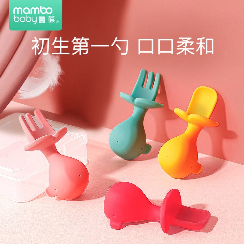 Manbao silicone short handle spoon baby learn to eat training fork infant food supplement soft spoon children tableware set