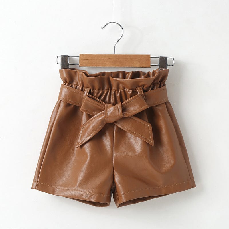 New girls' fashion fashion Korean casual shorts children's fashionable foreign style PU leather shorts tide (with belt)