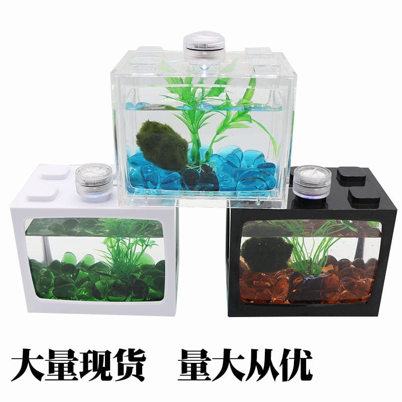 New acrylic fish tank transparent creative table area wooden bucket fish tank LED lamp mini small landscaping aquarium