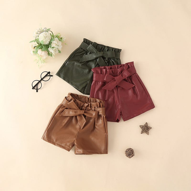 New girls' fashion fashion Korean casual shorts children's fashionable foreign style PU leather shorts tide (with belt)