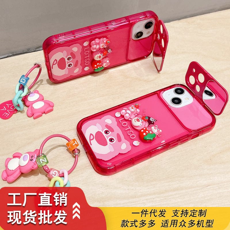 Flip Mirror Strawberry Bear Suitable for Apple 14 Mobile Phone Case iPhone 13 Huawei Anti-fall All-inclusive Silicone Case