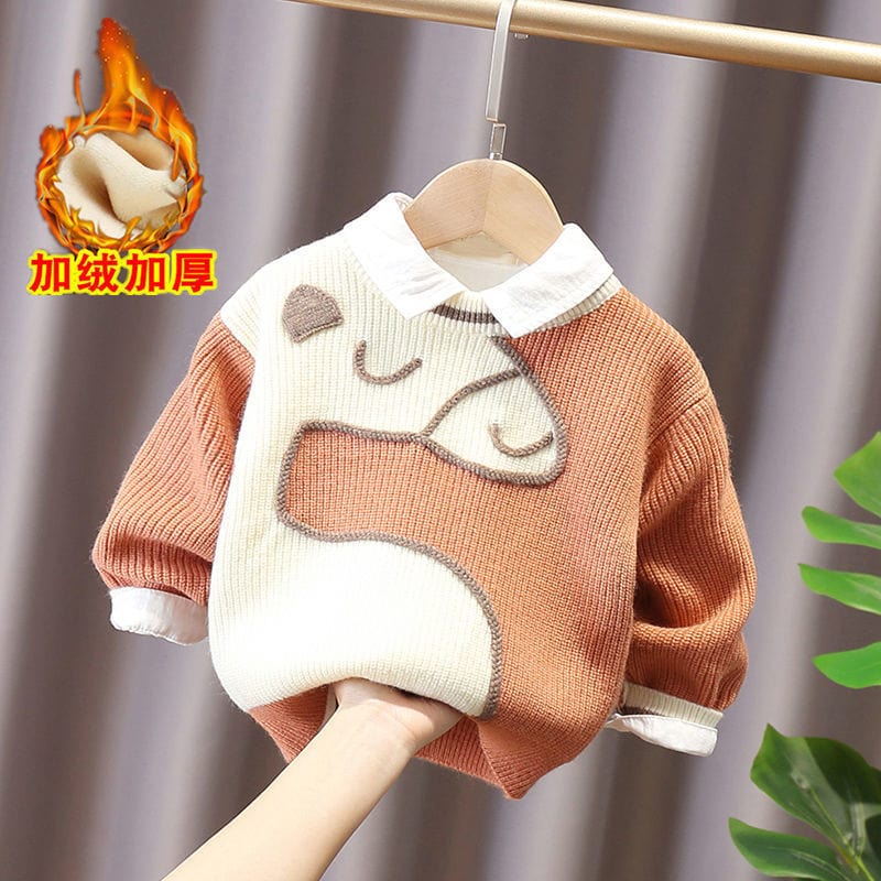 Boys sweater pullover children's knitted sweater thickened foreign style small and medium children's baby coat autumn and winter plus velvet thickening