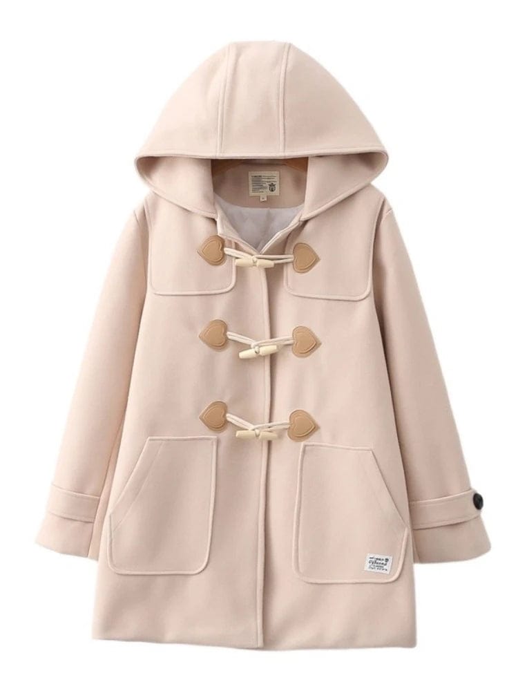 Chic Heart Button Warm Wool Blends Straight Women Long Hooded Coat Jacket 2023 Winter Belt  Female Warmness Preppy Outwear