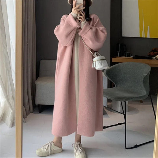 Solid Color Long Loose Knit Cardigan Lazy Slim Autumn and Winter Thickened Sweater Coat Women's Fashion Sweet Lovely Blends