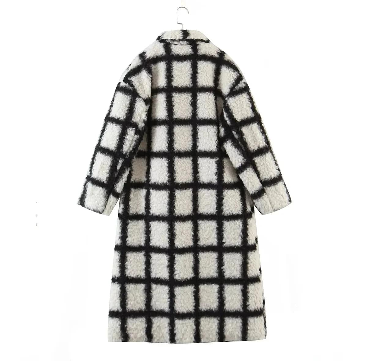 Withered Ins Fashion Blogger Retro Plaid Drop Shoulder Loose Lamb Hair Long Coat Trench Coat Women