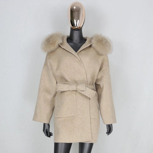 2023 New Natural Fox Fur Collar Hood Cashmere Wool Blends Real Fur Coat Winter Jacket Women Oversize Loose Warm Outerwear Belt