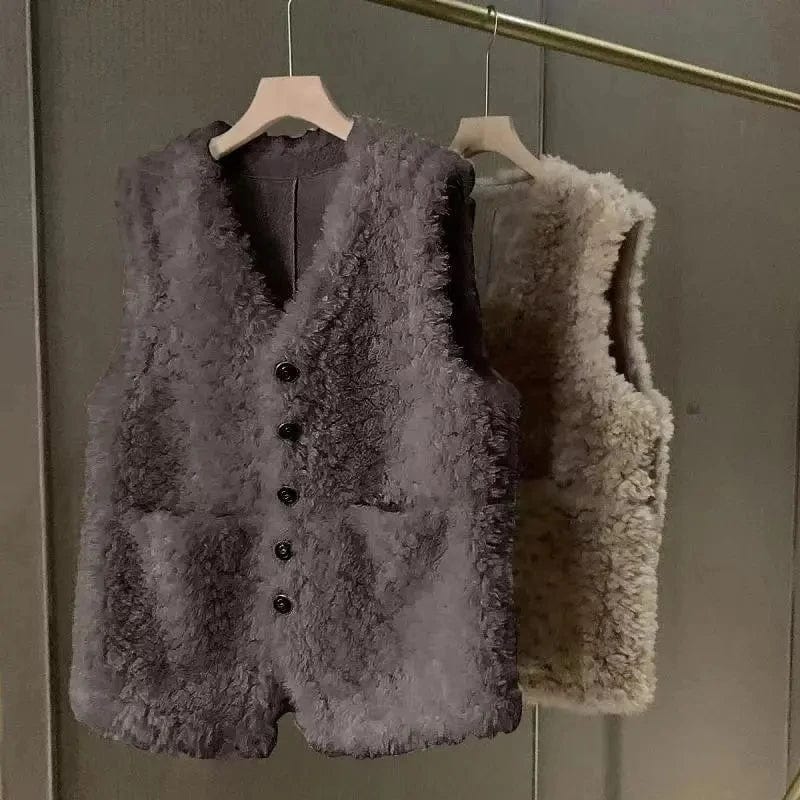 2023 Female Lamb wool Waistcoat Jacket Spring Autumn New Single Breasted Slim Sleeveless Coat Warm Women's Short Casual Vest Top