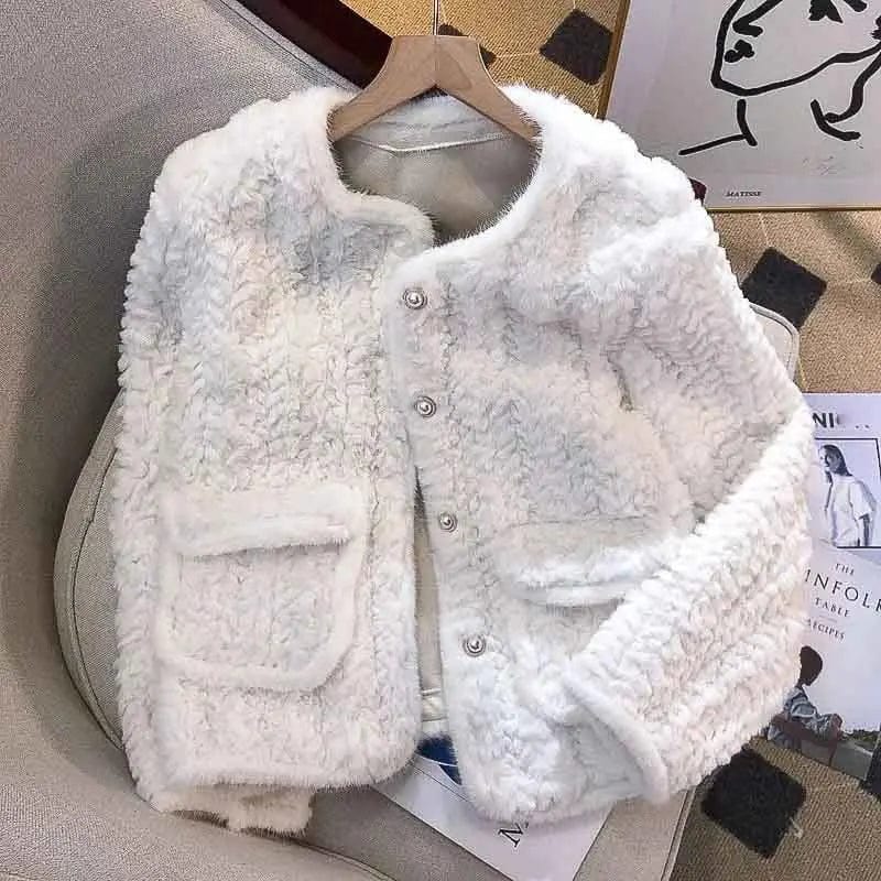 Fall Elegant Lamb Wool Coat Korean Fashion Streetwear O Neck Single Breasted Plush Jacket Winter Warm White All Match Outerwear