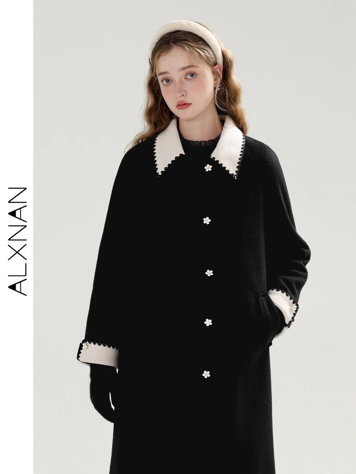ALXNAN Temperament Loose Quilted Tweed Coat For Women 2024 Autumn Winter Casual Thick Lapel Single Breasted Parkas Coat T00905