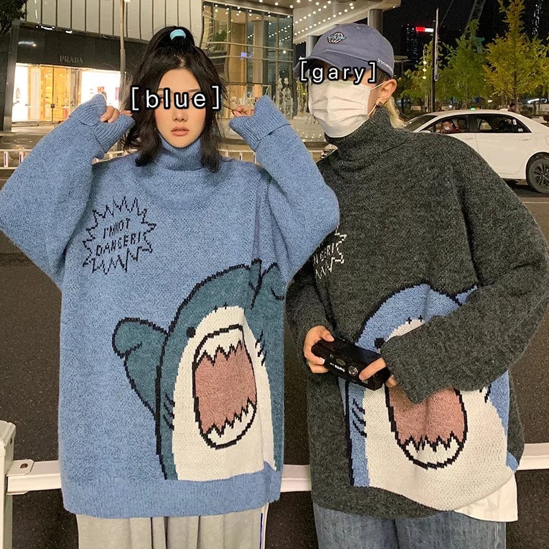 SUSOLA Men Turtlenecks Shark Sweater Men Lady Winter Patchwor Harajuku Korean Style High Neck Oversized Grey Turtleneck For Men