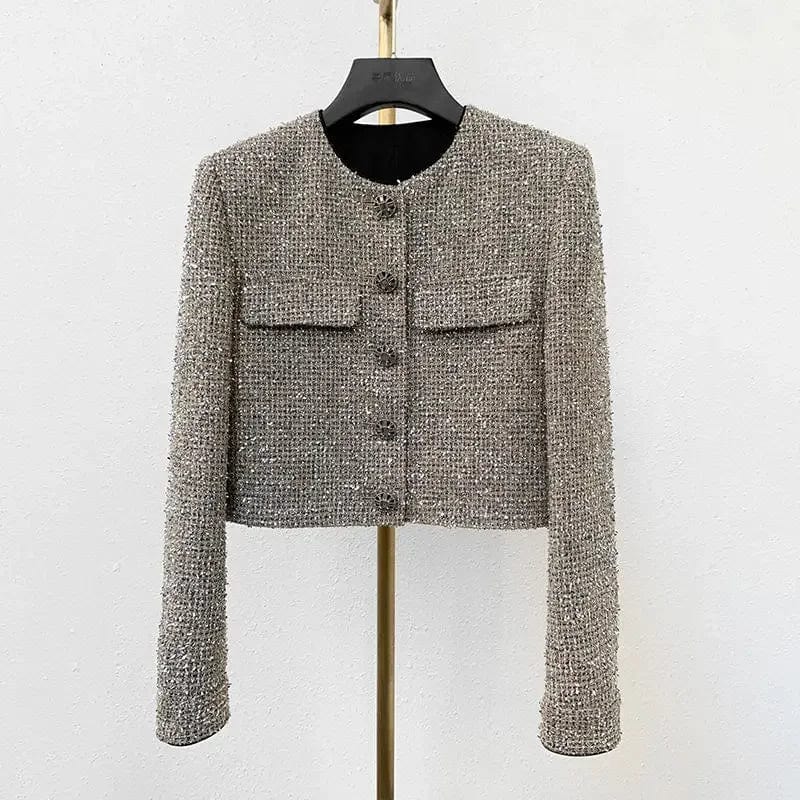 Chic Women Bright Thread Woven Tweed Blazers Coat Autumn Short Weaved OL Cardigan High Waist Single-breasted Tops Jacket Abrigos