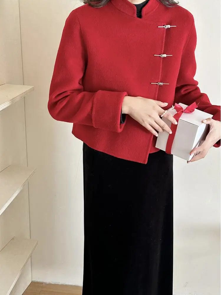 Metal Buckle Temperament Short Woolen Jackets Women 2024 Spring High-grade Stand-Collar Red Double-Sided Wool Coats