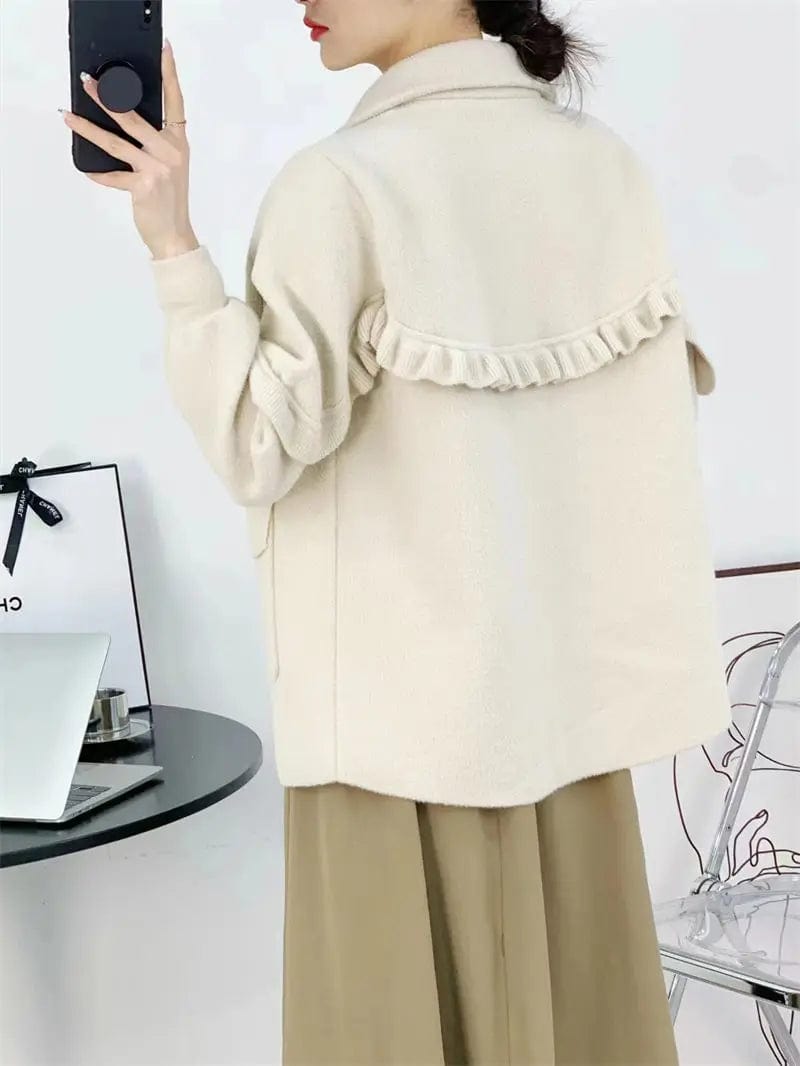 Korean Outerwear Spring And Autumn 2023 Medium Woolen Coat Women Solid Color Versatile Lace Design Cardigan Short Jacket Z698