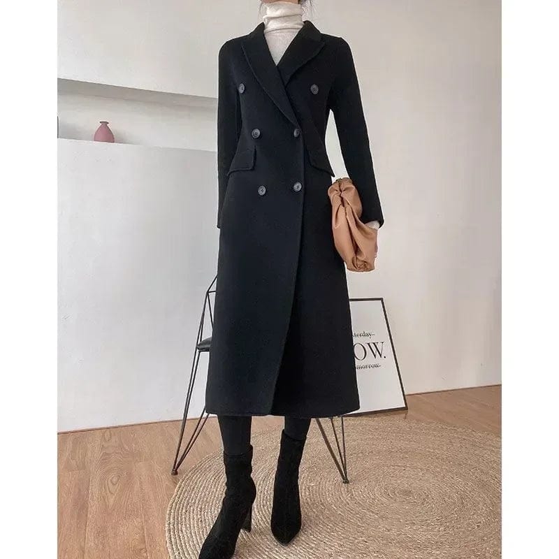 Fashion Winter Trench Coat for Women Elegant Korean Casual Double-breasted Wool Coat Long Jacket Black Office Lady Loose Outwear