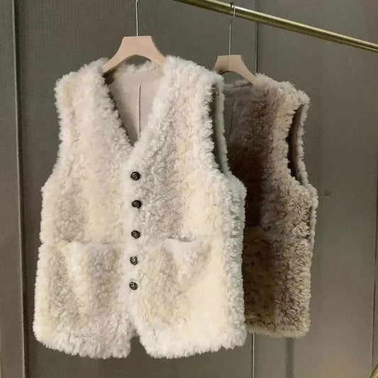 2023 Female Lamb wool Waistcoat Jacket Spring Autumn New Single Breasted Slim Sleeveless Coat Warm Women's Short Casual Vest Top