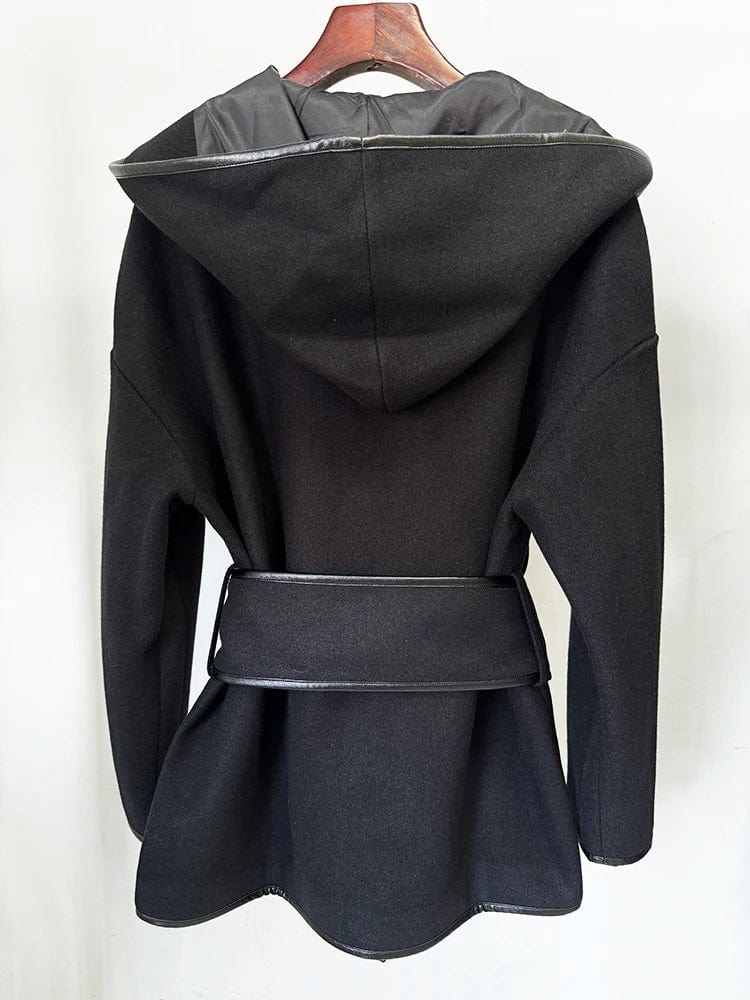 HIGH STREET Newest 2024 Designer Jacket Women's Batwing Sleeve Belted Hooded Wool Blends Coat