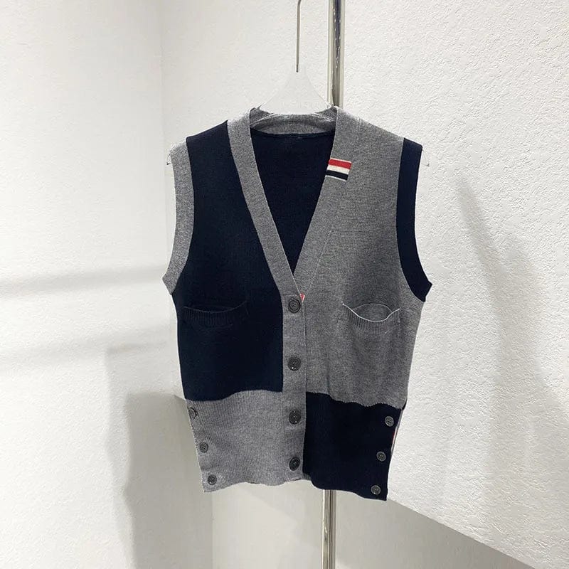 High Quality High End Wool Version TB Trendy Four Bar Contrast Casual Cardigan Women's Vest Sleeveless Knit Vest Camisole Top