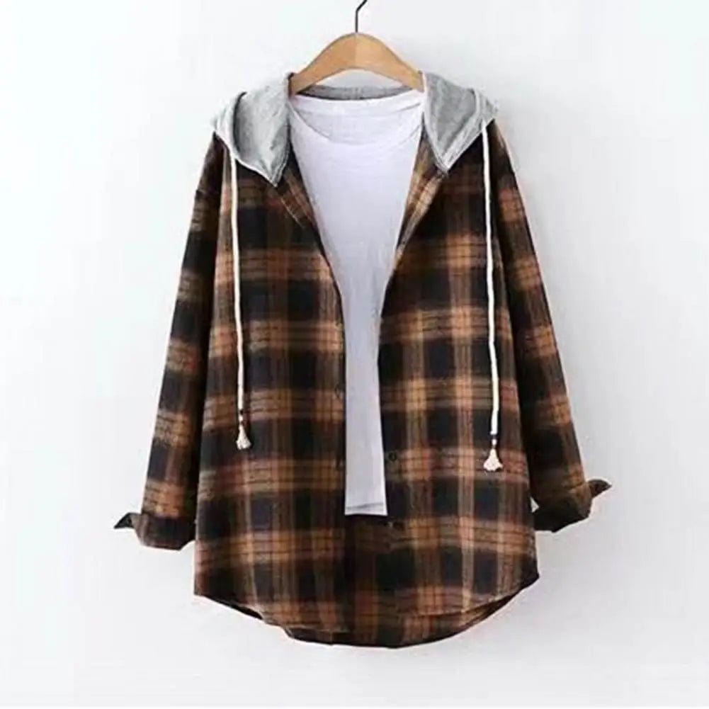 Women Hoodie Coat Plaid Print  Loose Hooded Long Sleeves Drawstring Cardigan Single-breasted Buttons Spring Jacket for Daily
