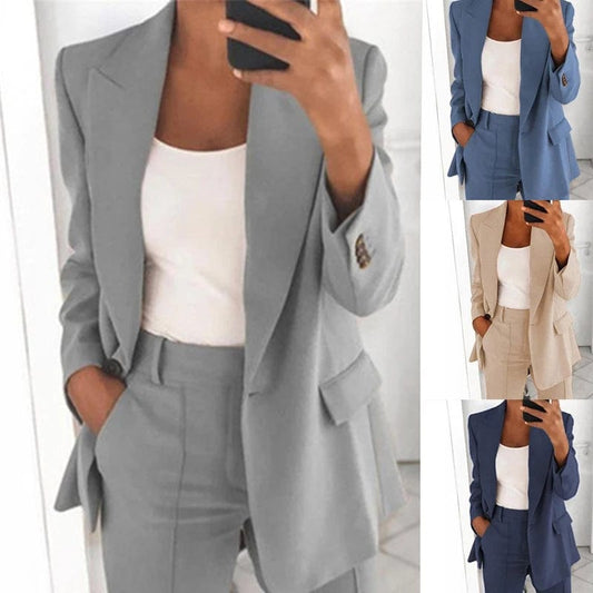Fashion Lapel Slim Jacket for Women Long V-Neck Office Lady Jacket Elegant Cardigan Female Full Sleeve Pocket Streetwear Jackets