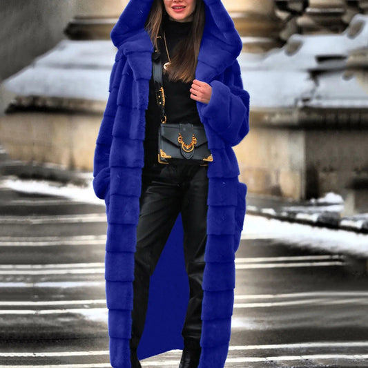 Women Causal Plus Size Faux Plush Coat Long Sleeve Body Warmer Faux Furry Jacket Hooded Fashion Long Overcoat Fleece Zip Hoodies