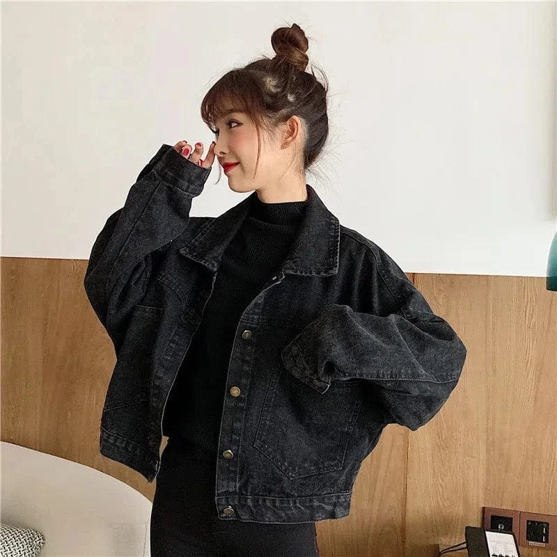 Black Short Denim Jacket Women Spring Autumn Single-breasted Big Pocket Polo Collar Women Jacket Korean Streetwear Jacket Women