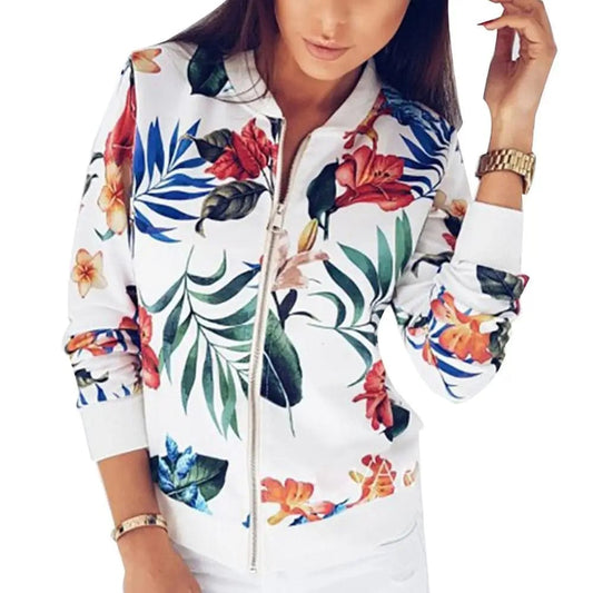 Women's Coat  Flower Leaves Print Sports Women Long Sleeve Baseball Jacket Zip Coat Baseball Uniform Autumn Women Coats