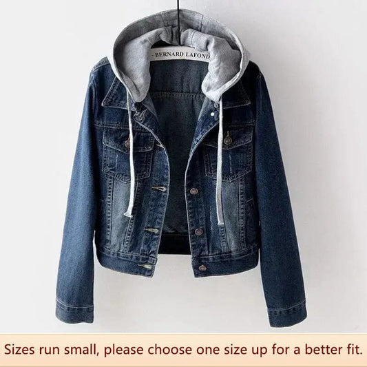 Women's Slimming Autumn/winter Hooded Casual Denim Jacket Cropped Length For Students