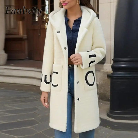 Winter Thickened Long Sleeve Office Jacket Women Versatile Button Pocket Cardigan Jacket Casual Letter Print Hooded Long Coat