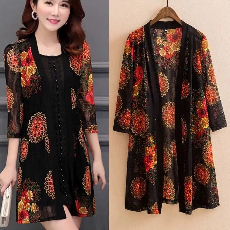 2023 Summer Women's  Lace Cardigan Printed Mid-length Shawl Thin Middle-aged Women Air-conditioned Shirt Jacket Y256