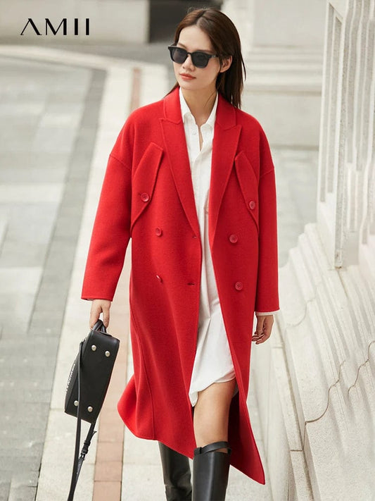 AMII Minimalism Woolen Coat Women 2022 Winter 100% Wool Solid Fashion Elegant Double Breasted Offlice Lady Long Jacket 12120448