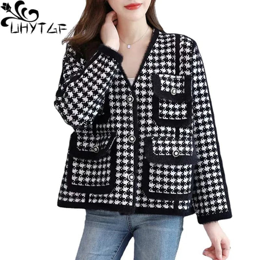 UHYTGF Quality Imitation Mink Velvet Woolen Jacket Women Fashion Double Pocket Knit Cardigan Autumn Coats Female Plaid Tops 2176