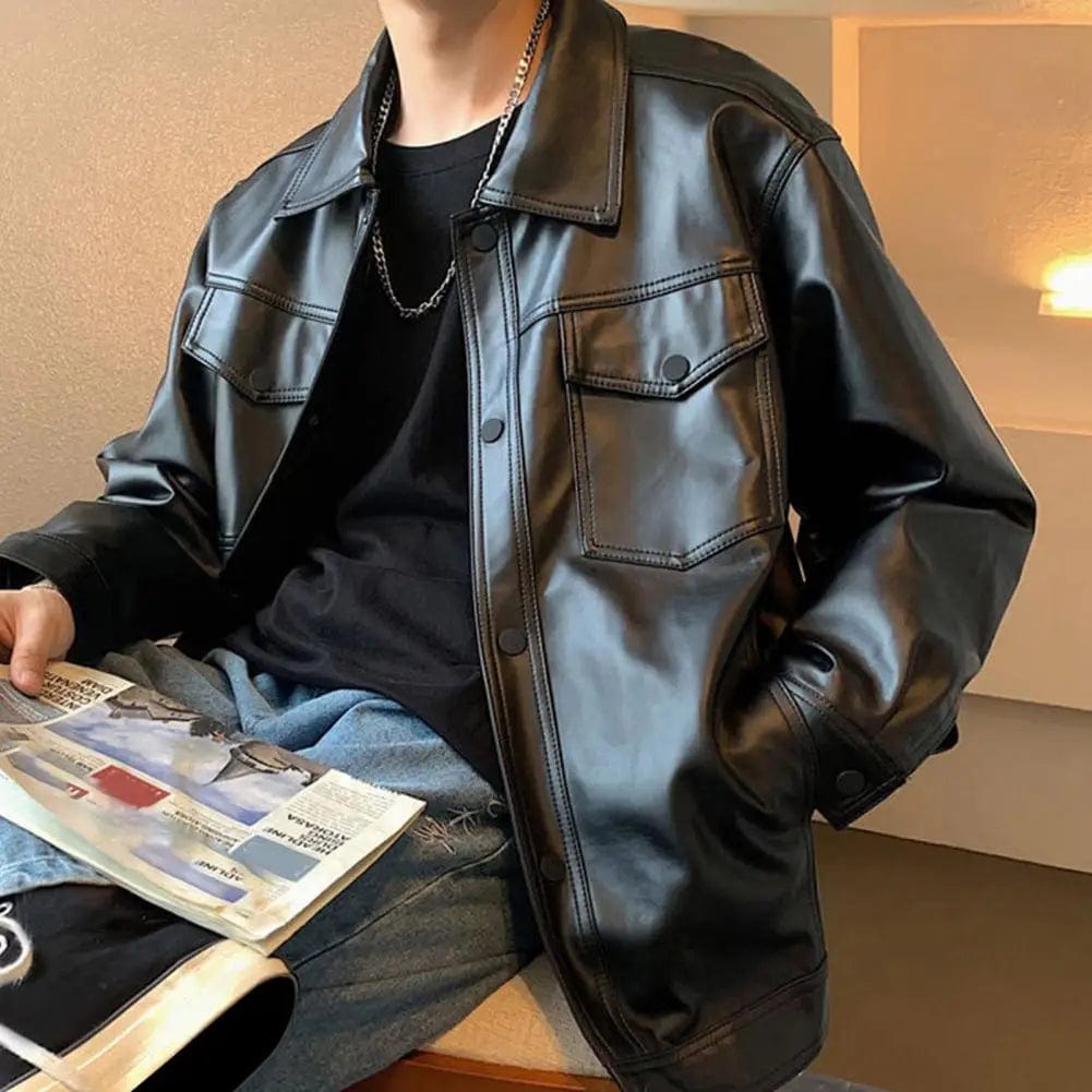 Men Faux Leather Jacket Spring Fall Turn-down Collar Men Jacket Button Closure Long Sleeves Black Male Casual Coat