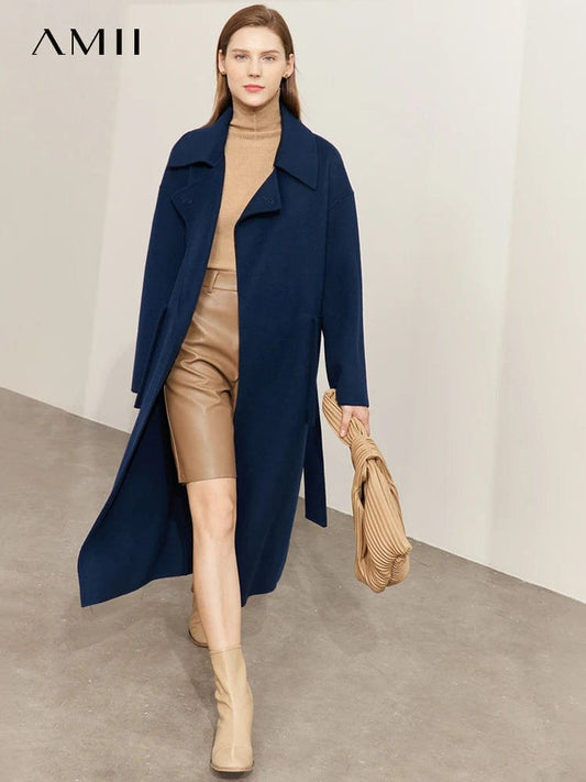 AMII Minimalism 100% Wool Coat Women 2022 Autumn Solid Korean Style Elegant Commuter Casual Belt Design Clothing Tops 12270492