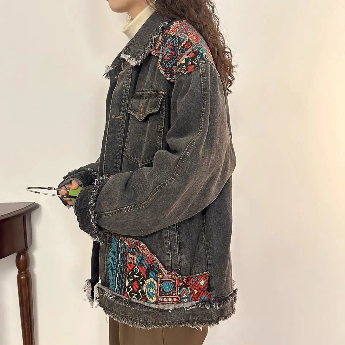 Ethnic style splicing burlap denim jacket women design sense fall long-sleeved cardigan loose thickened American retro style