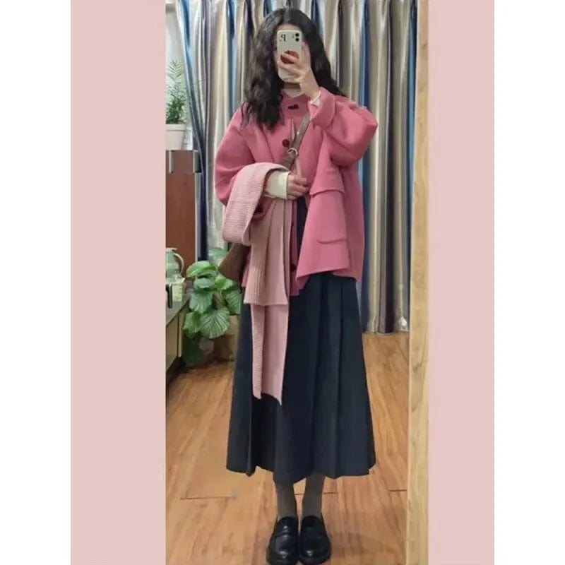 Pink Wool Sweet Short Autumn Winter Small Person Artistic Retro Wool Coat Macaron Color Medium Thickness Single Row Multi-button