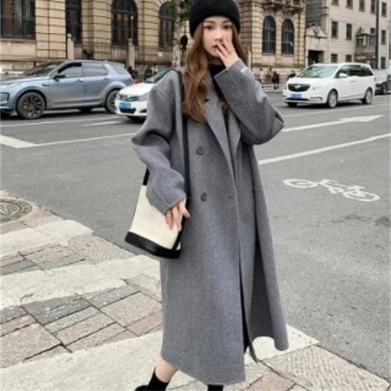 Women Solid Color Faux Wool Long Pea Coat Lapel Collar Double Breasted Overcoat Vintage Elegant Loose Jacktes Outwear