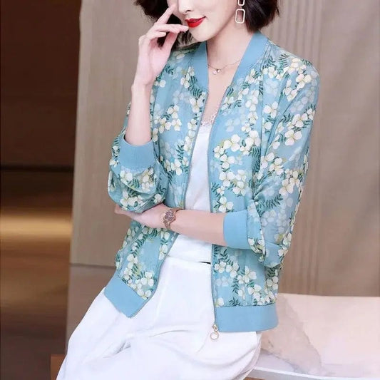 Woman Summer Chiffon Print Coats Femlae Long Sleeve Loose Bomber Jackets Ladies Print Breathable Casual Zipper Cardigans G388
