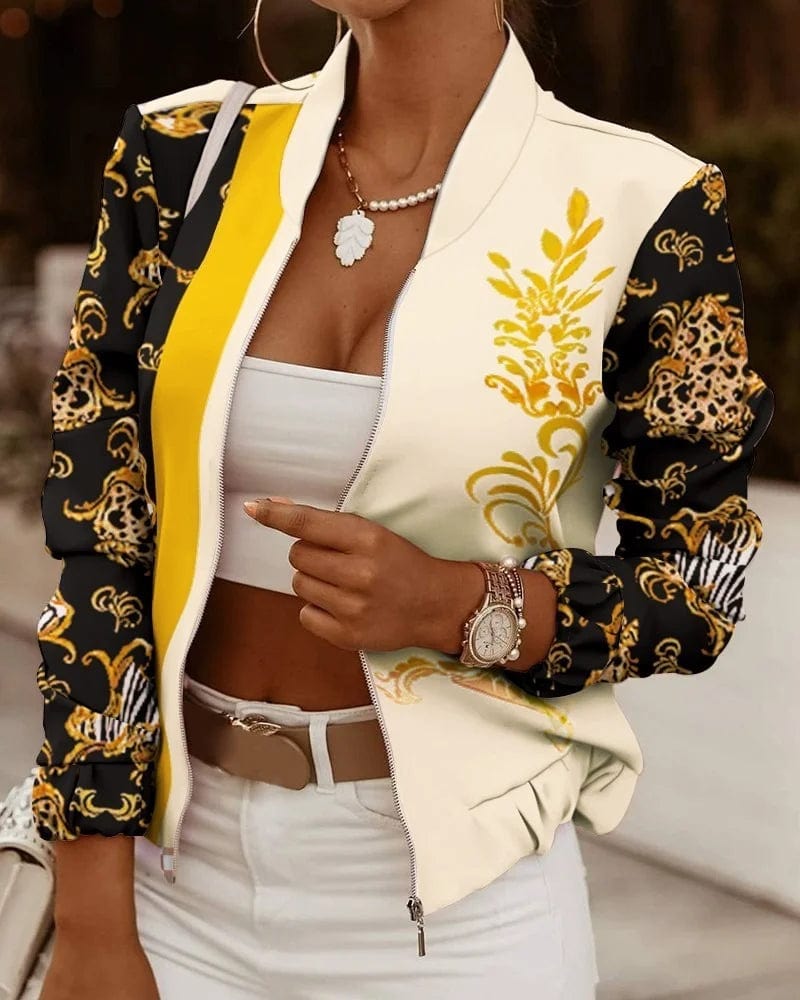 Spring Autumn Women Thin Jackets Tops Vintage Print Long Sleeve Zipper Jacket Coat Women Casual Outerwear Short Jackets fashion