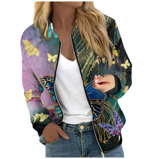 Fashion Woman Bomber Jacket Autumn Long Sleeve Lightweight Zip Up Cropped Coat Floral Print Outerwear Casual Ladies Jackets