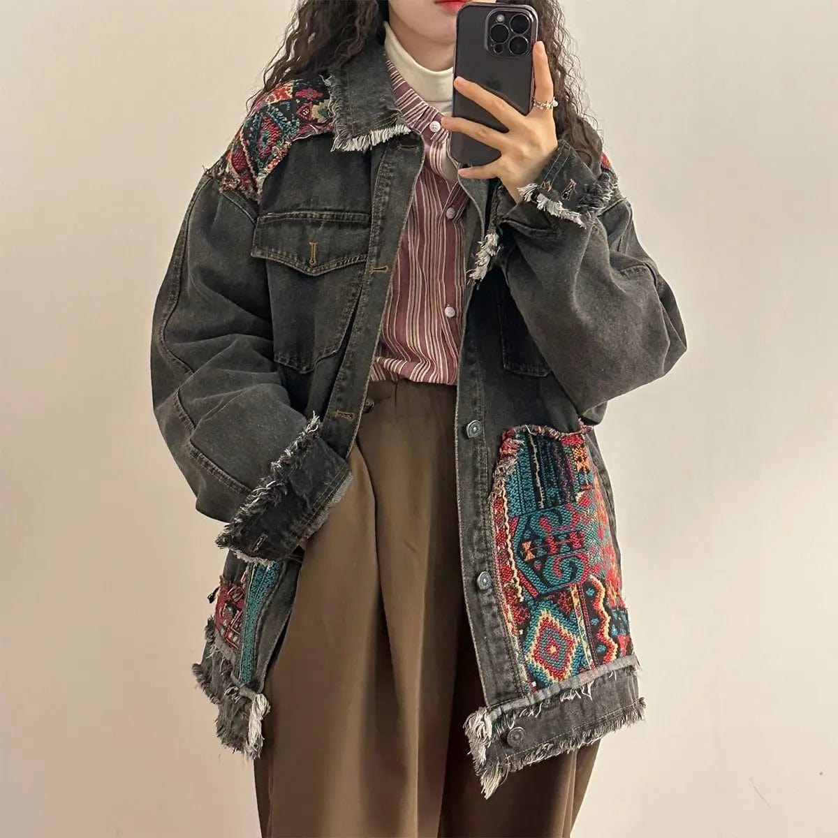 Ethnic style splicing burlap denim jacket women design sense fall long-sleeved cardigan loose thickened American retro style