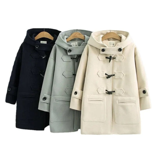 Women Autumn and Winter Mid Length Woolen Hooded Coats 2024 Cow Horn Buckles Casual Solid Color Coat College Style Velvet Jacket