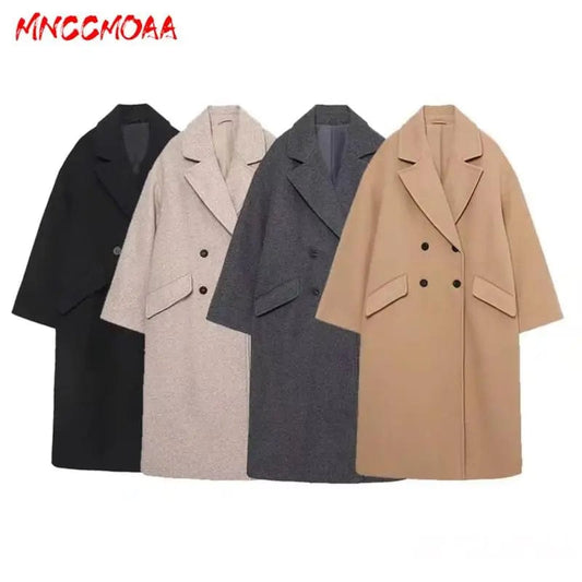 MNCCMOAA 2023 Autumn Winter Woman Fashion Loose Double Breasted Woolen Coat Female Solid Color Casual Long Sleeve Top Outerwear