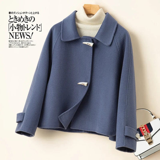 100% Merino Pure Wool Handmade Double-Sided Cloth Chic Coat Women's Short Oxhorn Button 850g Heavy Coat High Street Elegant Top