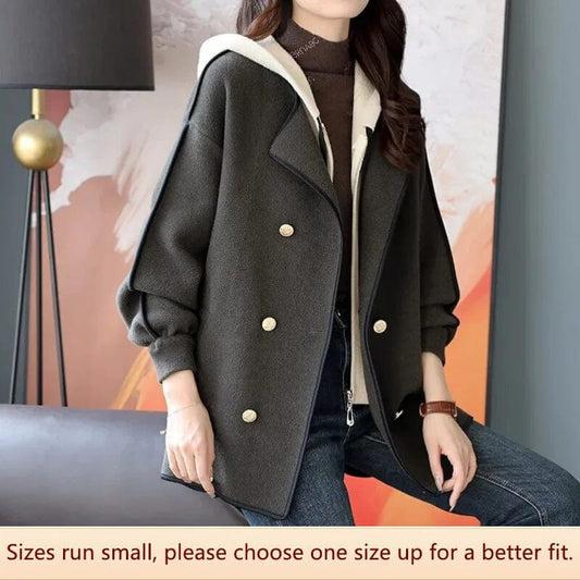 Loose Autumn Wool Coat Women Faux Two-piece Double Row Buckle Knitted Wool Coat Elegant Style Straight Sleeve Design