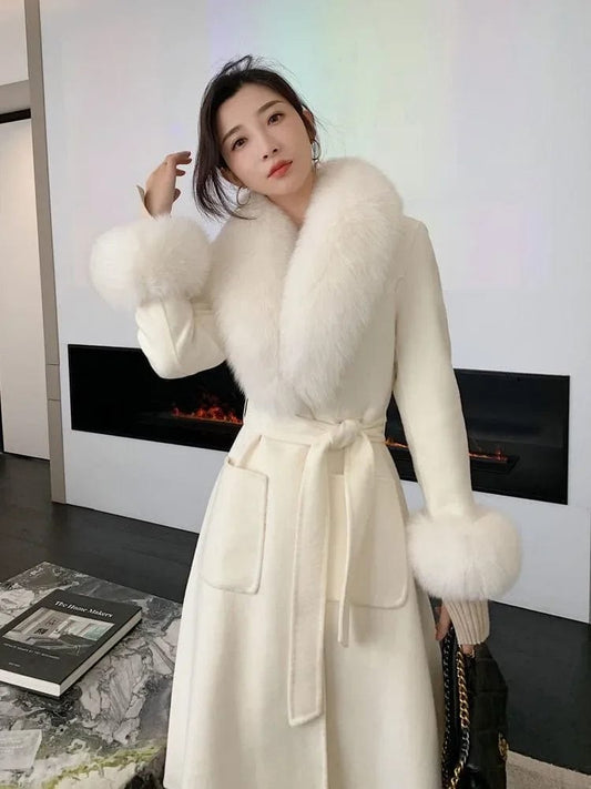 Fashion Luxury Coat Scarf Shawl Women's Winter Warm Wool Collar Coat Elegant Solid Color Scarf Cuff Set Thick Coat Women